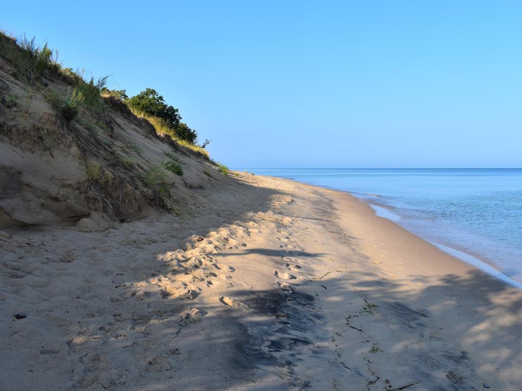 Indiana Dunes National Lakeshore Park, Indiana, USA taken at the Mount Baldy beach and shoreline of southern Lake Michigan on a sunny day.