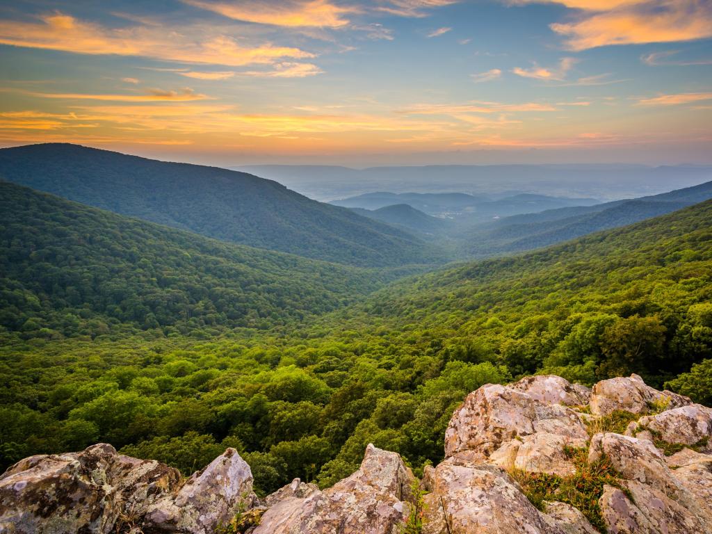 Sunset over the Shenandoah Valley and Blue Ridge Mountains from Crescent Rock, in Shenandoah National Park, Virginia.