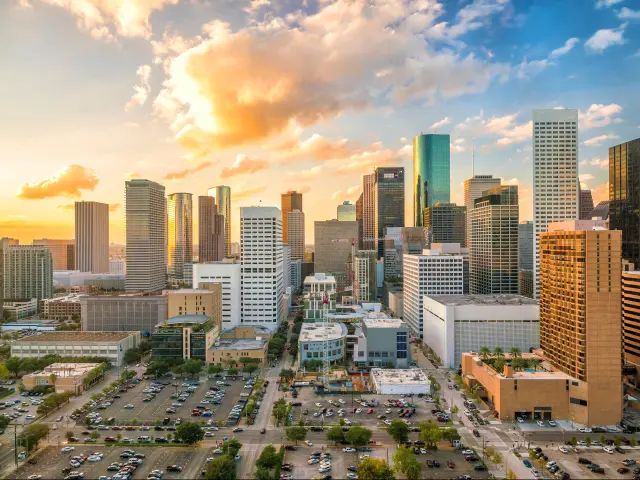 Houston, Texas, USA taken at downtown with the city skyline in the distance at twilight.