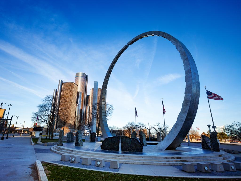 View of Michigan Labor Legacy Monument on Hart Plaza near river embarkment in Detroit, USA.