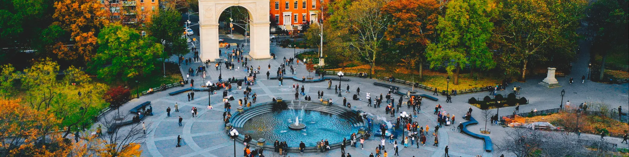 Aerial view over busy Washington Square Park in Greenwich village