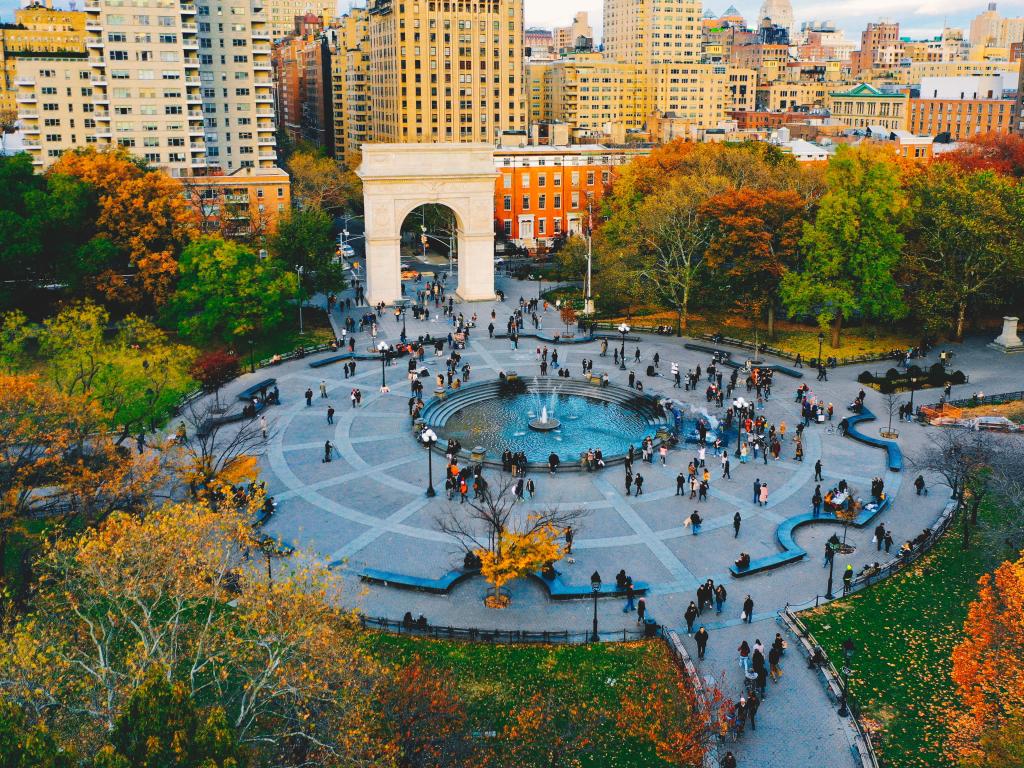 Aerial view over busy Washington Square Park in Greenwich village