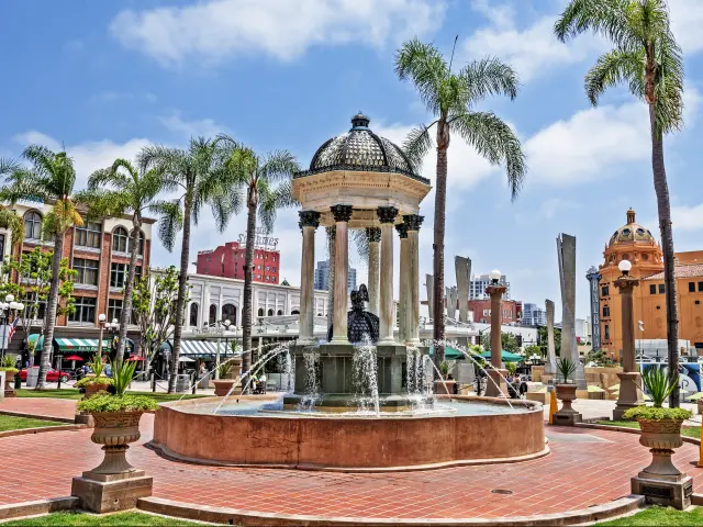 Horton Plaza Park with the Balboa Theatre in the background in the Gaslamp Quarter of San Diego, California.