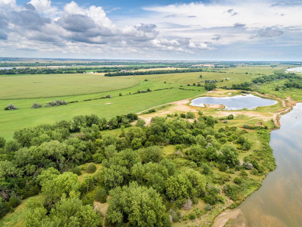 Kearney, Nebraska, USA taken as an aerial view of a valley of the Platte River near Kearney during a sunny day.