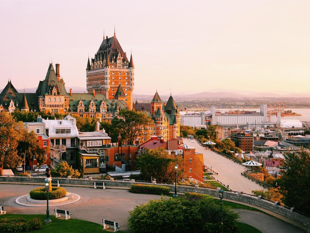 Frontenac Castle in Old Quebec City in the beautiful sunrise light.