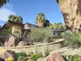View of entrance to The Living Desert Zoo and Gardens, surrounded by desert plant life and palms.