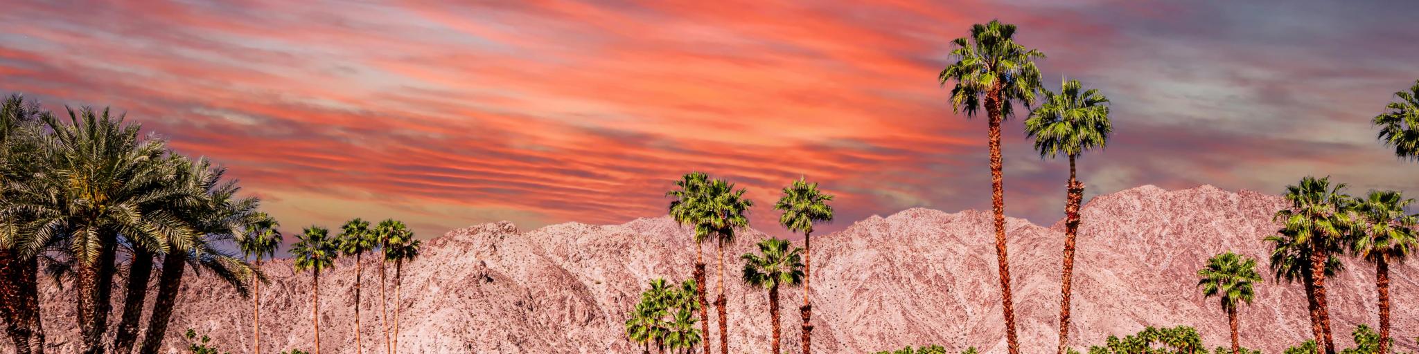 Pastel sunset above the San Jacinto Mountains, Palm Springs California with palm trees in the foregroun