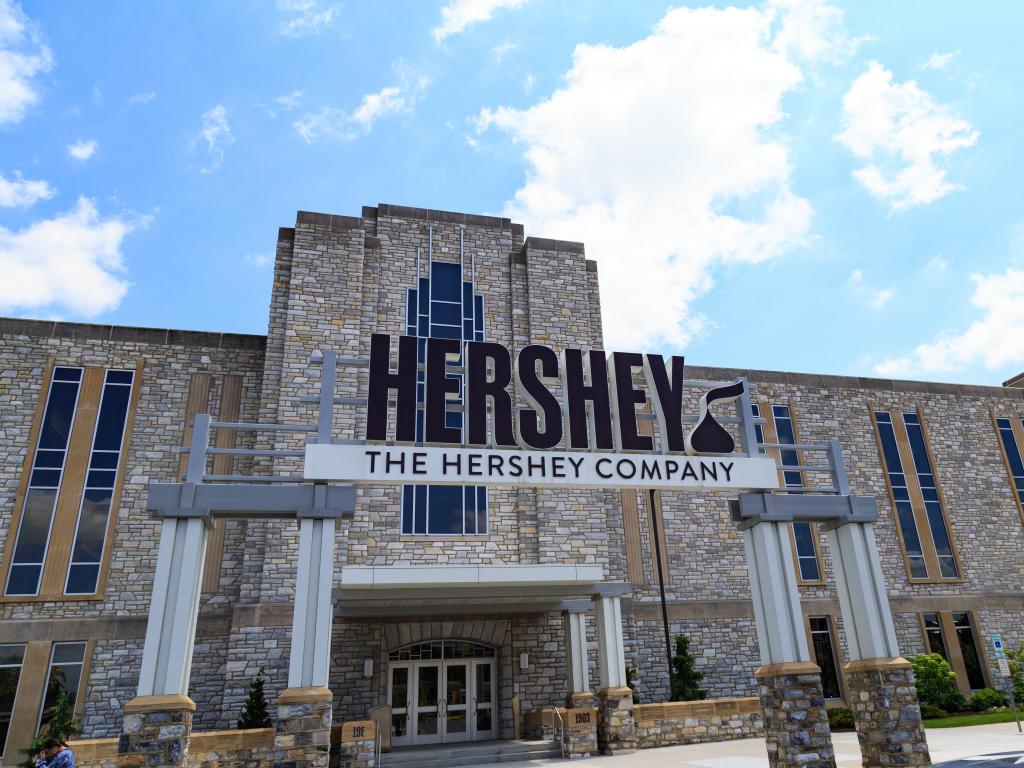 Hershey, PA, USA taken at the entrance of the Hershey Company Chocolate factory in downtown Hershey on a sunny day.
