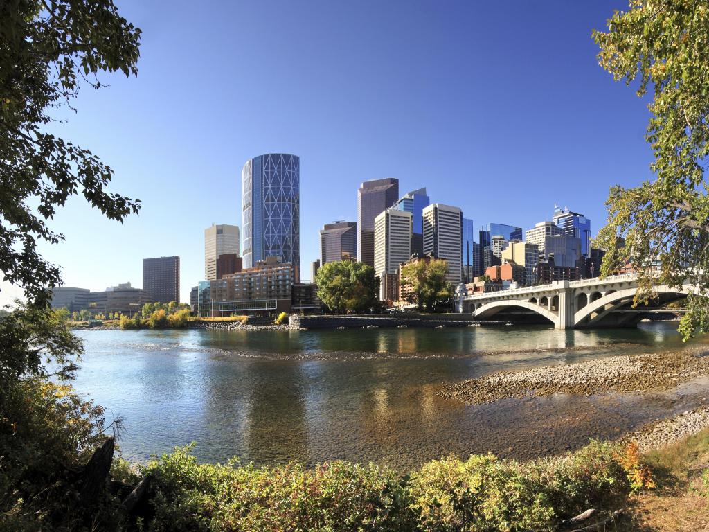 Center Street Bridge, Bow River with Skyline of Calgary, Alberta, Canada