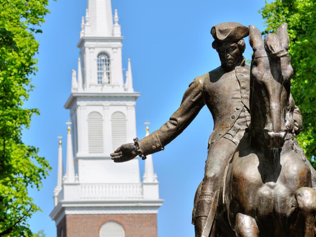 Paul Revere Statue and Old North Church in Boston, Massachusetts