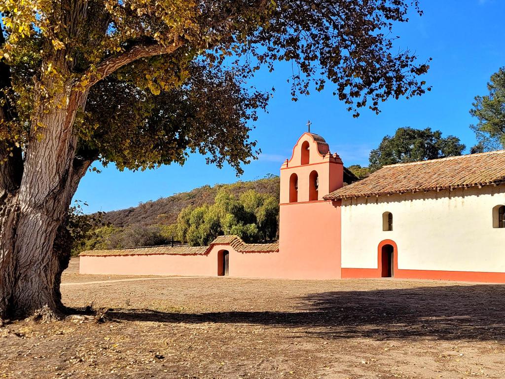 Mission La Purisima Concepcion monument in Santa Barbara County, California, under a blue sky