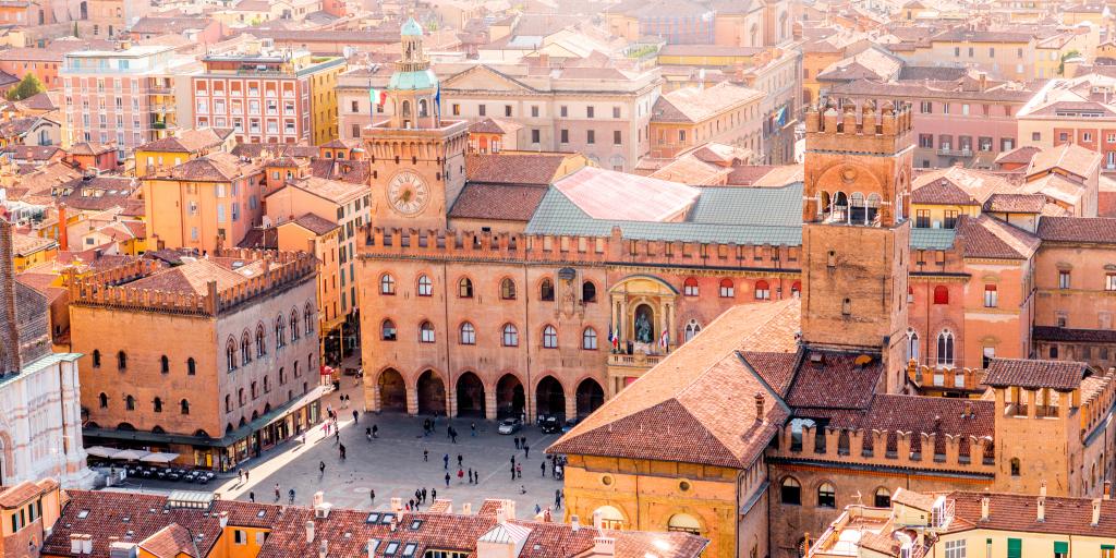 Aerial view of Maggiore town square in Bologna, Italy