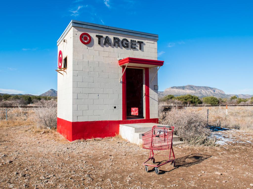 View outside Tiny Target roadside attraction, with abandoned trolley and remote surroundings