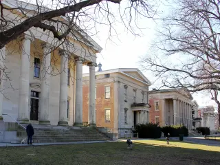 Porticos and columns of the 19th century historic buildings at the Snug Harbor, Staten Island