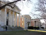 Porticos and columns of the 19th century historic buildings at the Snug Harbor, Staten Island