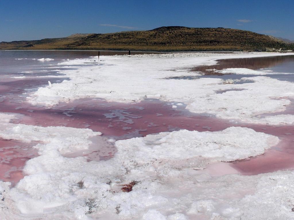 Large Path of Salt by the Spiral Jetty in the great Salt Lake with mountains in the background. 