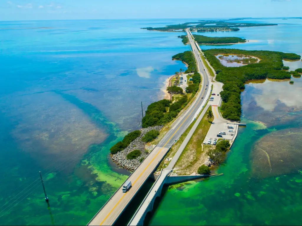 Key West island, Florida Keys, USA taken as an aerial shot showing the Overseas Highway to Key West island.