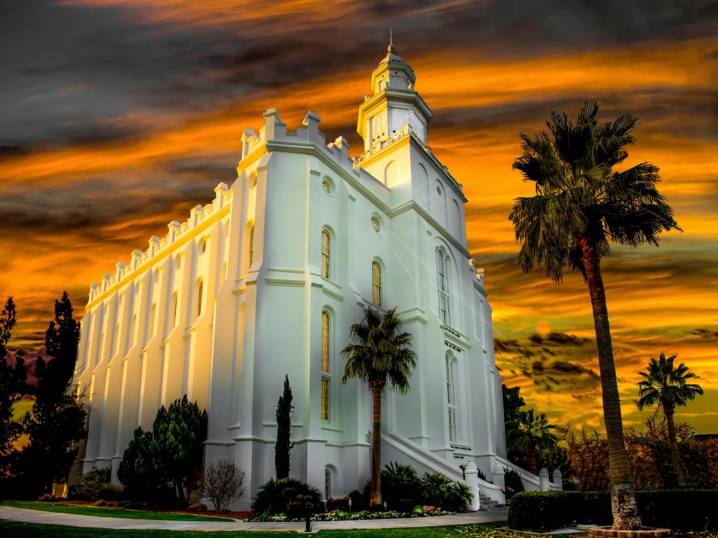 Mormon Temple, St. George, Utah with a vibrant dusk sky in the background.