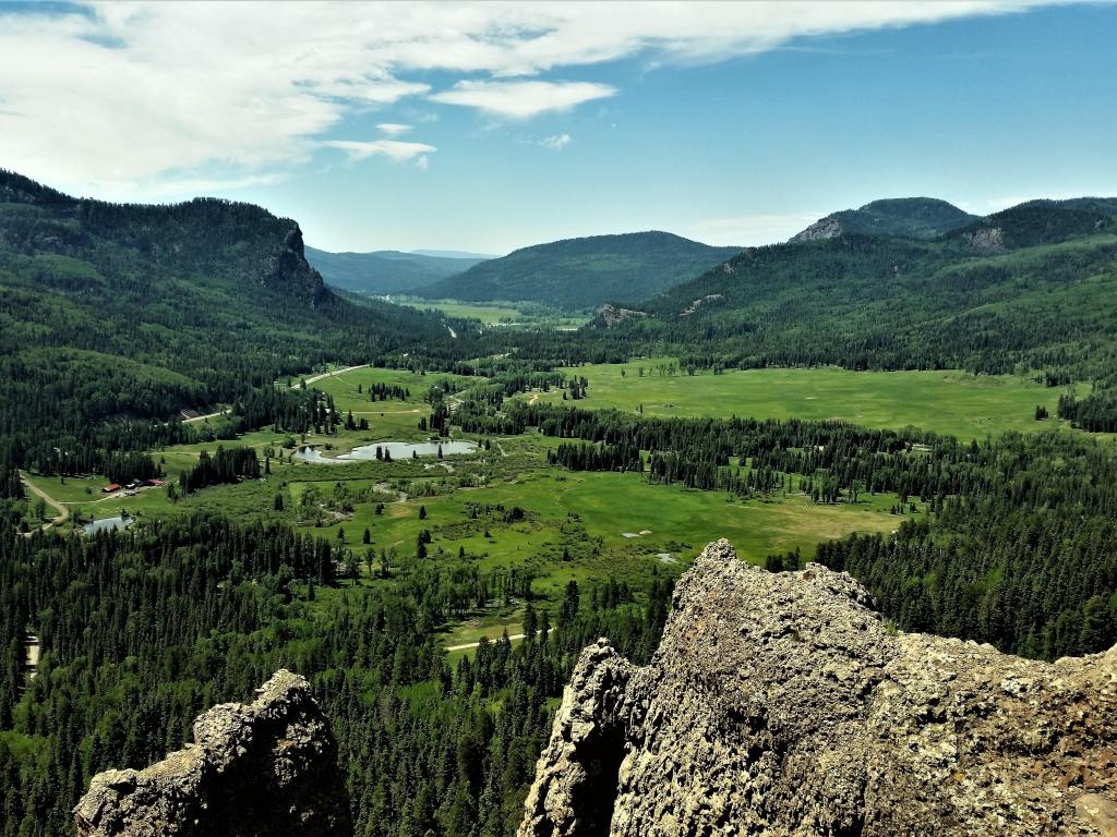 View over the valley with pines nestled among the mountains in San Juan National Forest Colorado