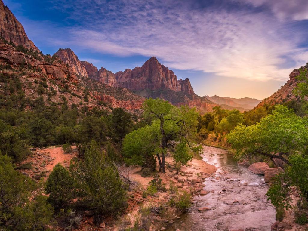 Zion National Park, USA taken at sunset with a stream and trees in the foreground and red canyons in the distance. 