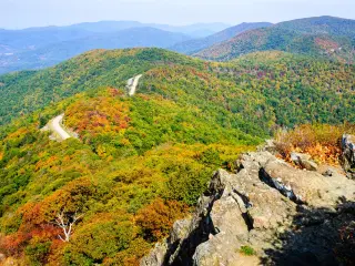 An aerial view of Skyline Drive winding its way through Shenandoah National Park in the fall, with orange-hued trees covering the mountains