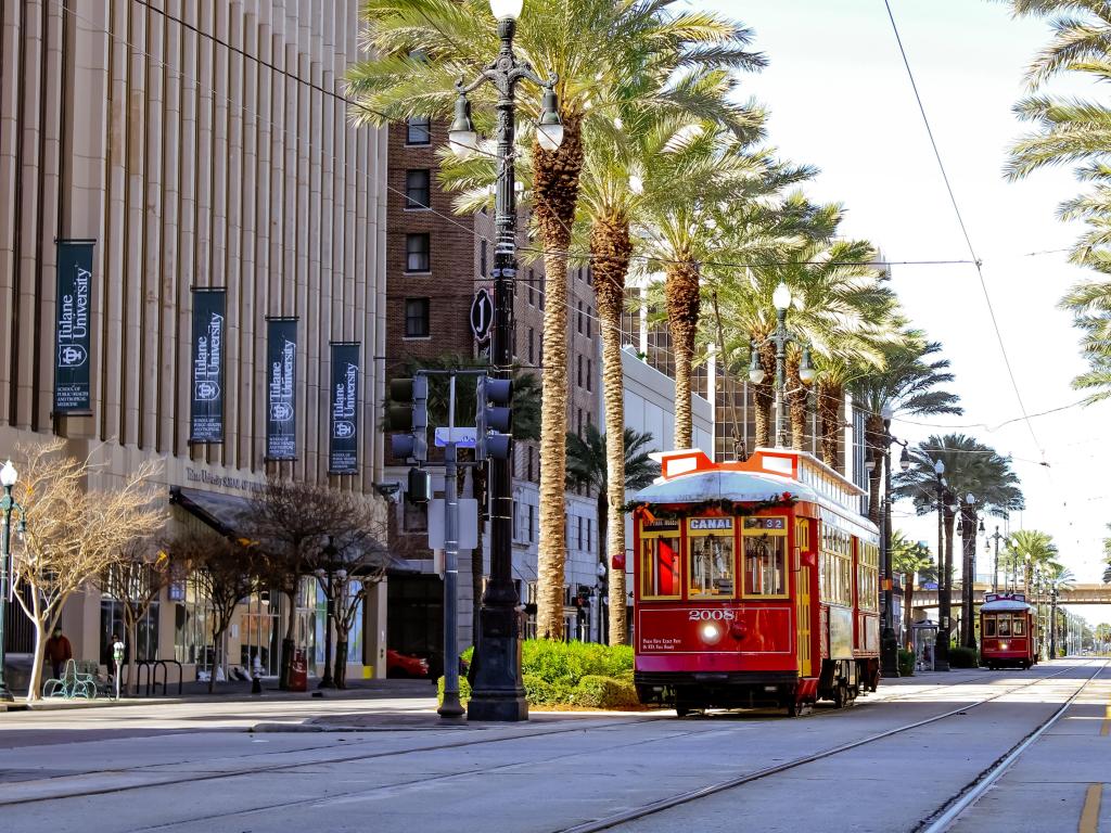New Orleans, Louisiana, USA with a streetcar on St. Charles Ave, palm trees and taken on a sunny day.