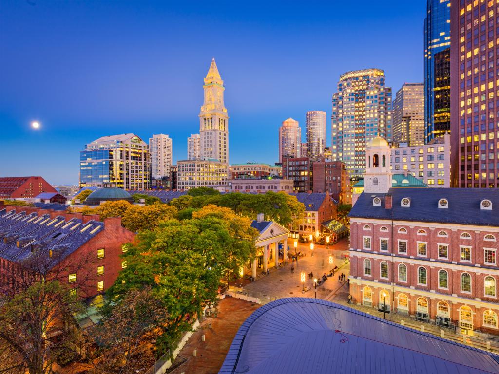 Boston, Massachusetts showing the downtown cityscape at night.