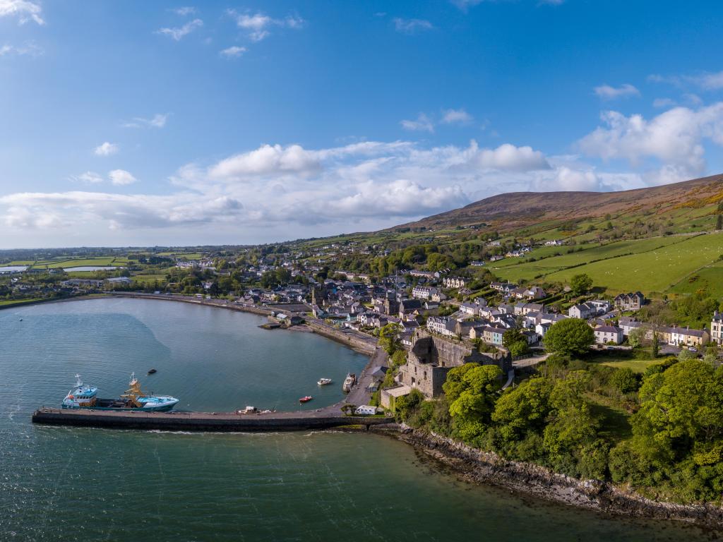 Aerial view of Carlingford Harbour, Carlingford is a coastal town and civil parish in northern County Louth, Ireland.