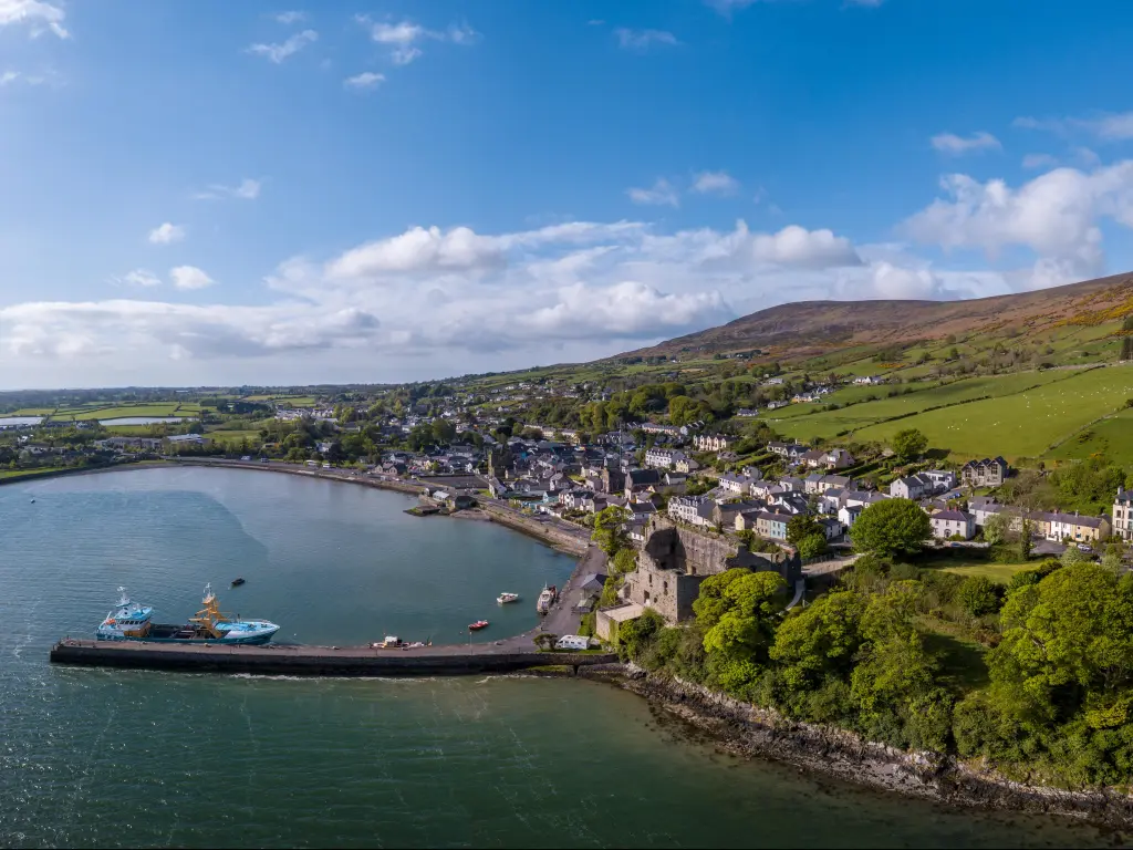 Aerial view of Carlingford Harbour, Carlingford is a coastal town and civil parish in northern County Louth, Ireland.