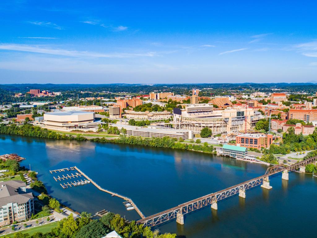 Knoxville, Tennessee, USA taken at downtown with a drone skyline aerial view on a sunny day.