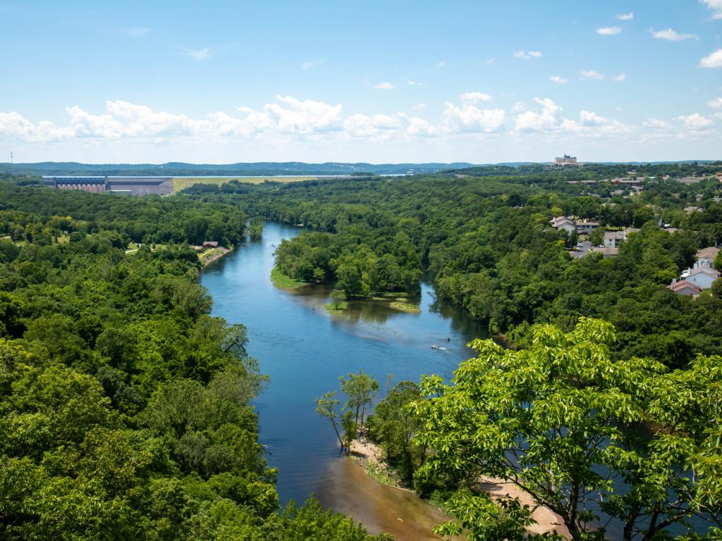 Aerial view of Table Rock Lake near Branson, MO, with lush greenery all around