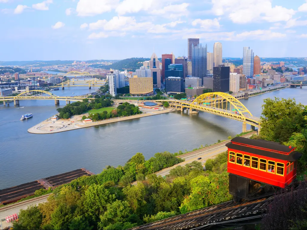 Incline operating in front of the downtown skyline of Pittsburgh's buildings, bridges and river