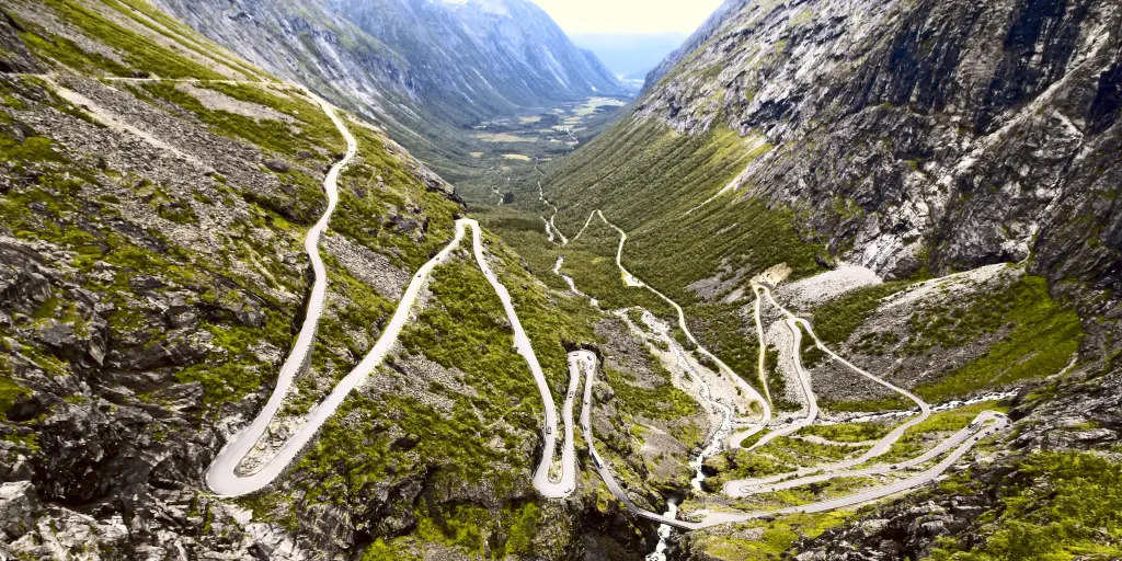 The zig-zagging Trollstigen route winds across the Norwegian countryside