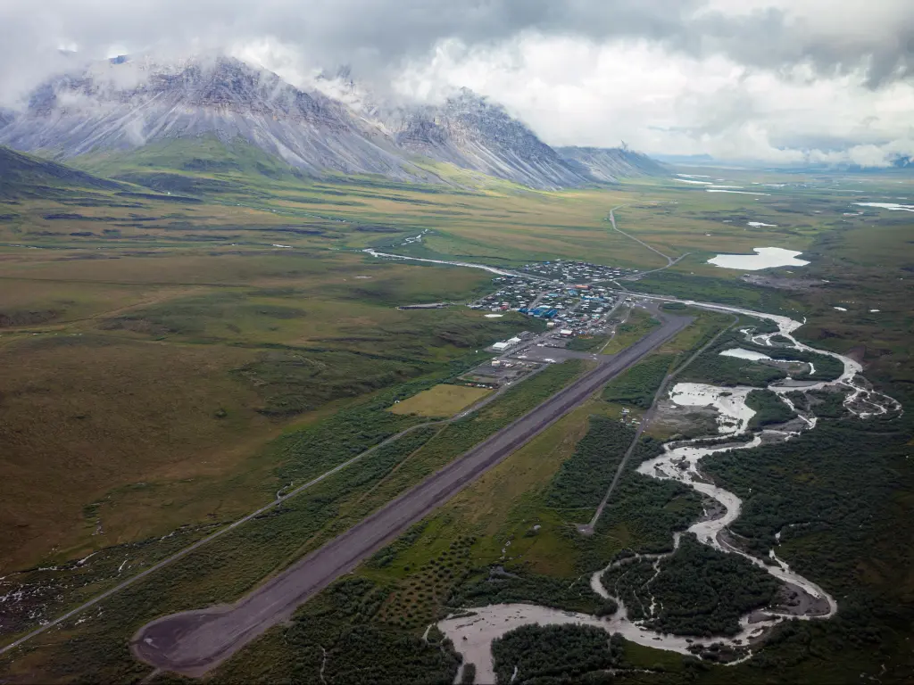 Aerial landscape view of the town of Anaktuvuk Pass, located in Gates of the Arctic National Park in northern Alaska.