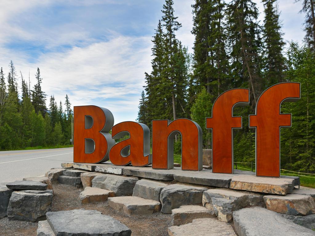 The prominent entrance sign of Banff Town set within Banff National Park