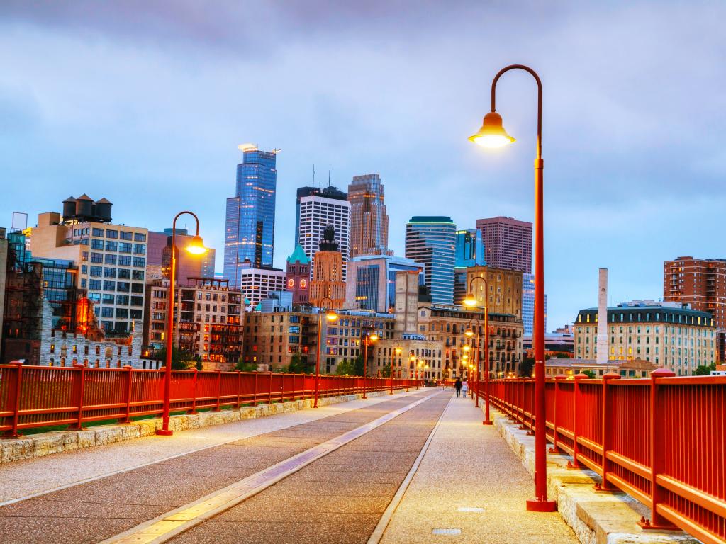 Downtown Minneapolis, Minnesota in the evening as seen from the Stone Arch Bridge