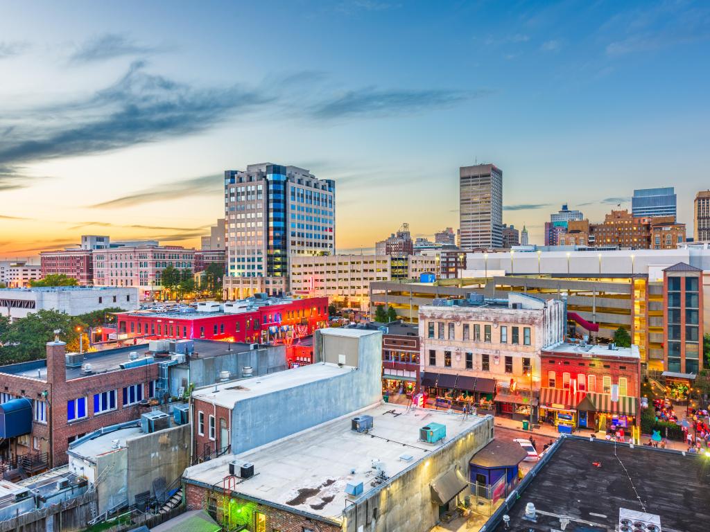 Memphis, Tennessee, USA downtown cityscape at dusk over Beale Street.