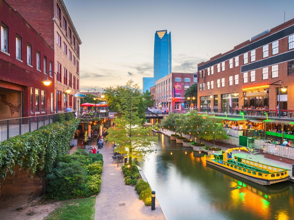 Oklahoma City, Oklahoma, USA cityscape in Bricktown at dusk.