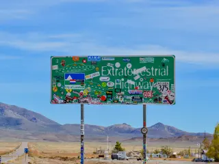 View of the famous Extraterrestrial Highway road sign in Nevada, USA