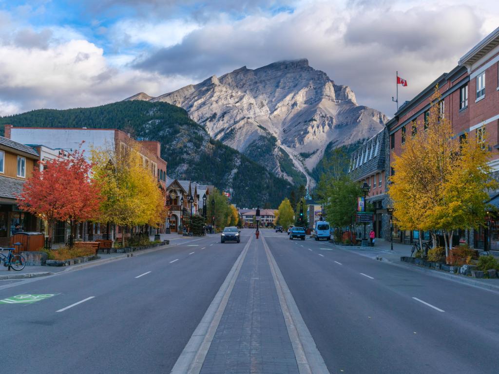 Banff, Canada taken at Banff Avenue and Cascade Mountain during the fall season.