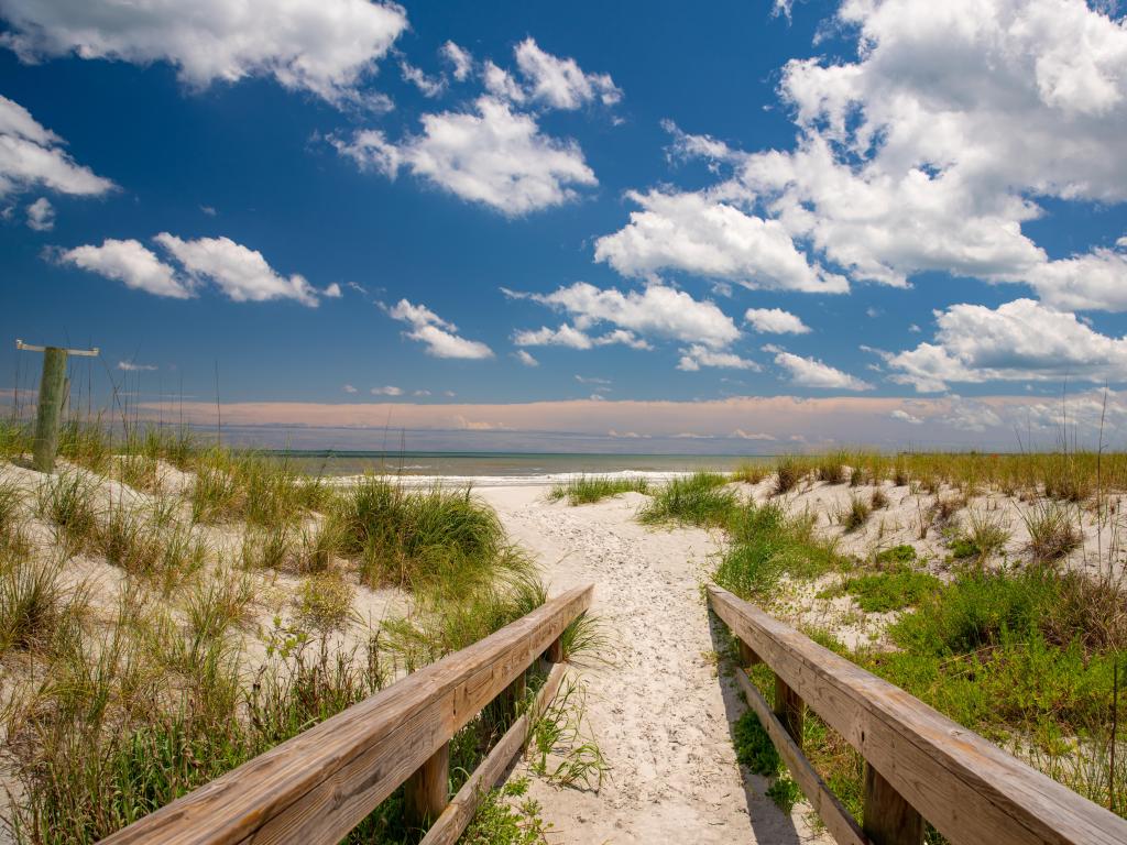 Jacksonville Beach, Florida, USA taken on a beautiful day with sand dunes leading to the sea.