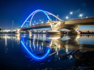 Bridge in Minneapolis, lit up at night