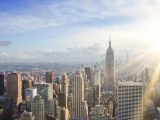 Skyline of the city during sunrise with Empire State Building in focus