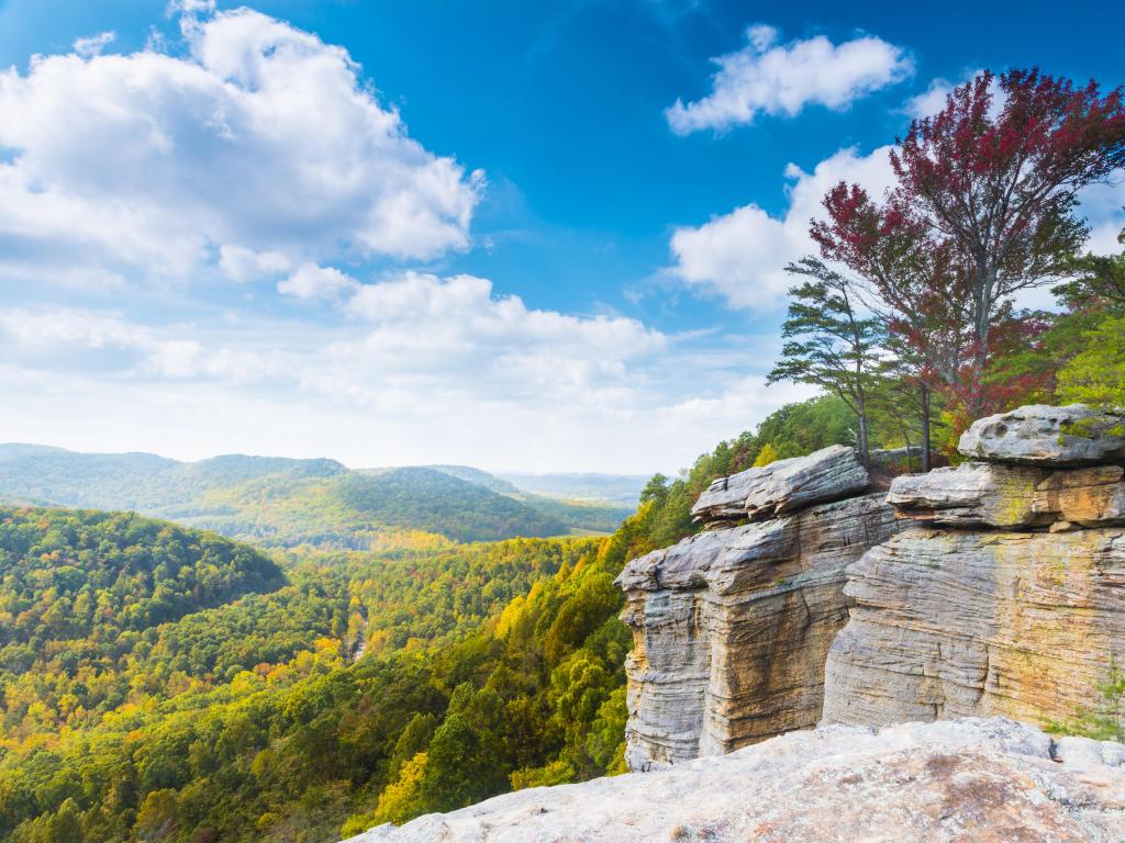 Beautiful view of rolling hills covered by forests from the overlook on a cloudy day