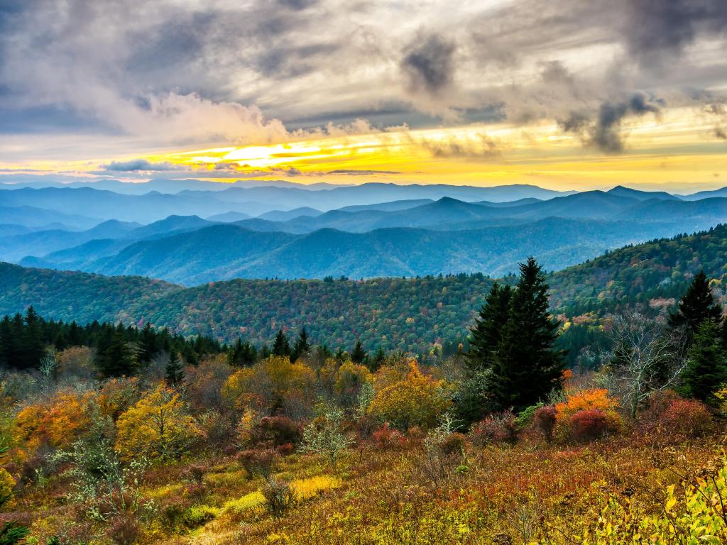 Great Smoky Mountains, North Carolina, USA with a beautiful autumn sunset over Cowee Mountain in the Great Smoky Mountains as seen from the Blue Ridge Parkway in North Carolina.