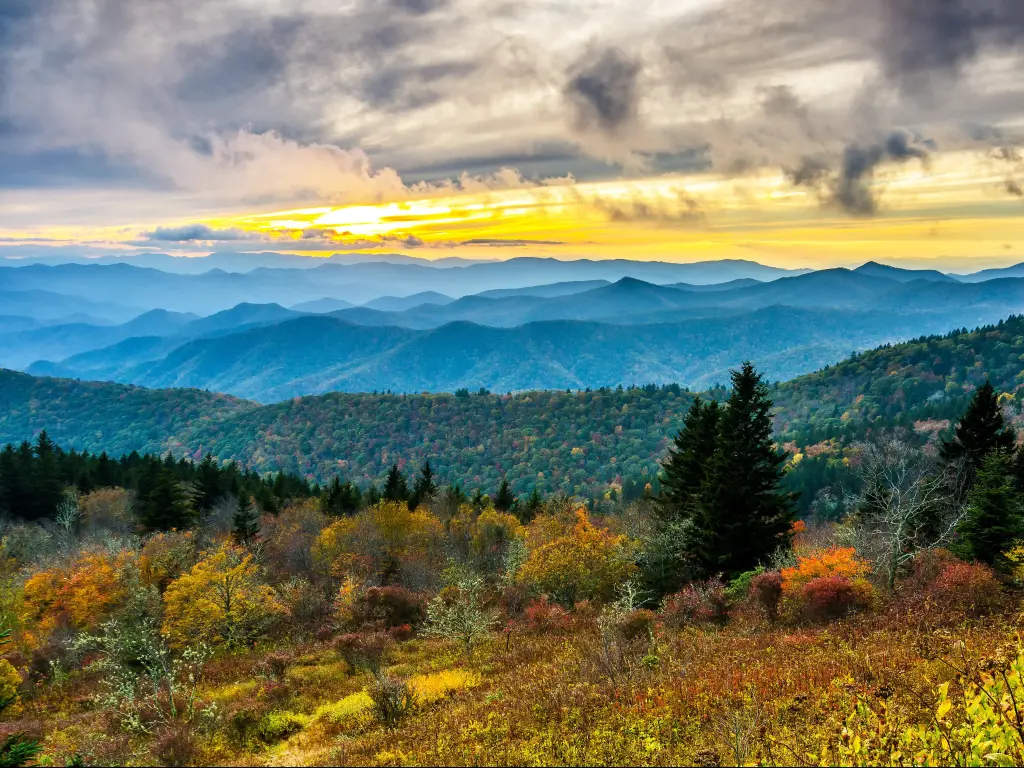 Great Smoky Mountains, North Carolina, USA with a beautiful autumn sunset over Cowee Mountain in the Great Smoky Mountains as seen from the Blue Ridge Parkway in North Carolina.