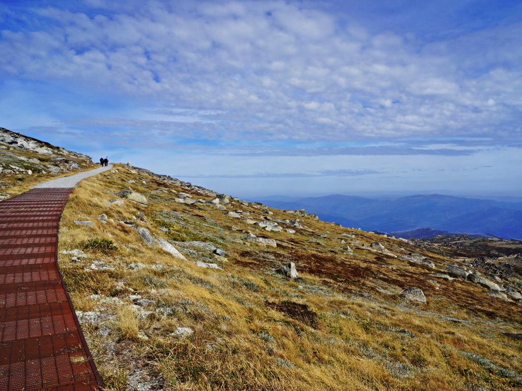 Mount Kosciuszko, Australia with a path and incredible views of the mountains below taken on a clear sunny day.