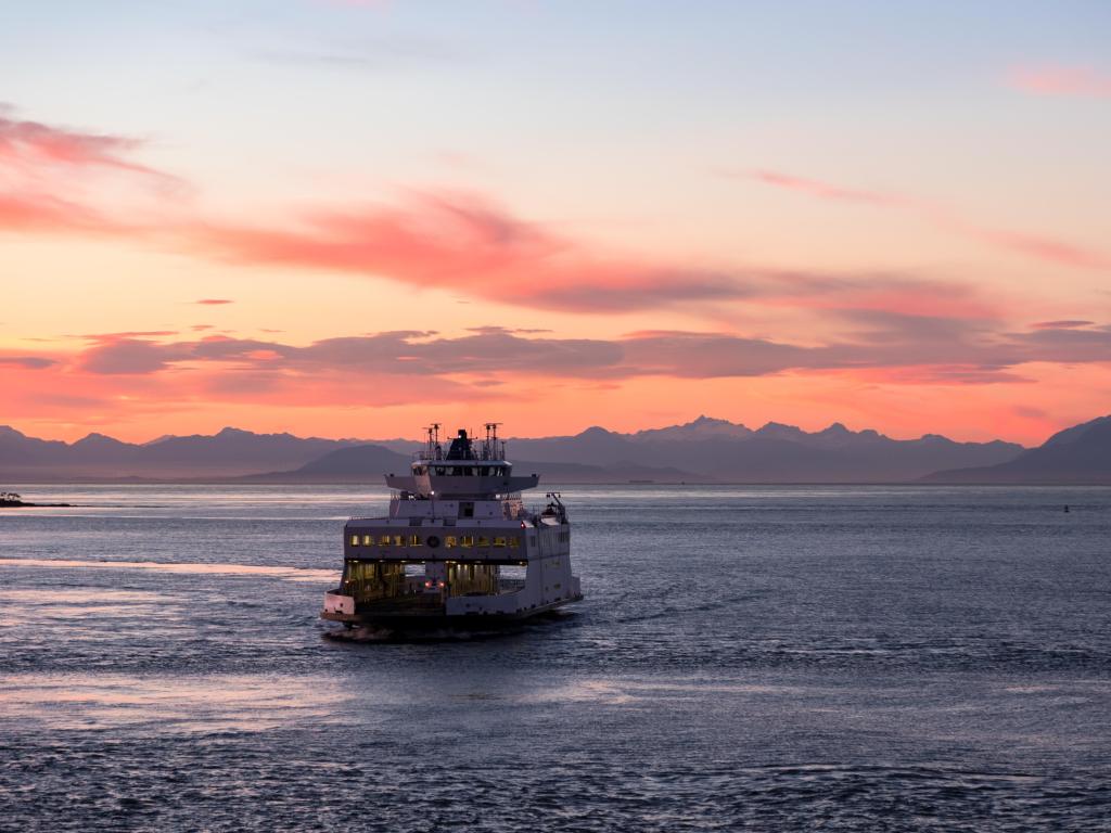 BC Ferries, Canadian Ferry crossing the water during sunset