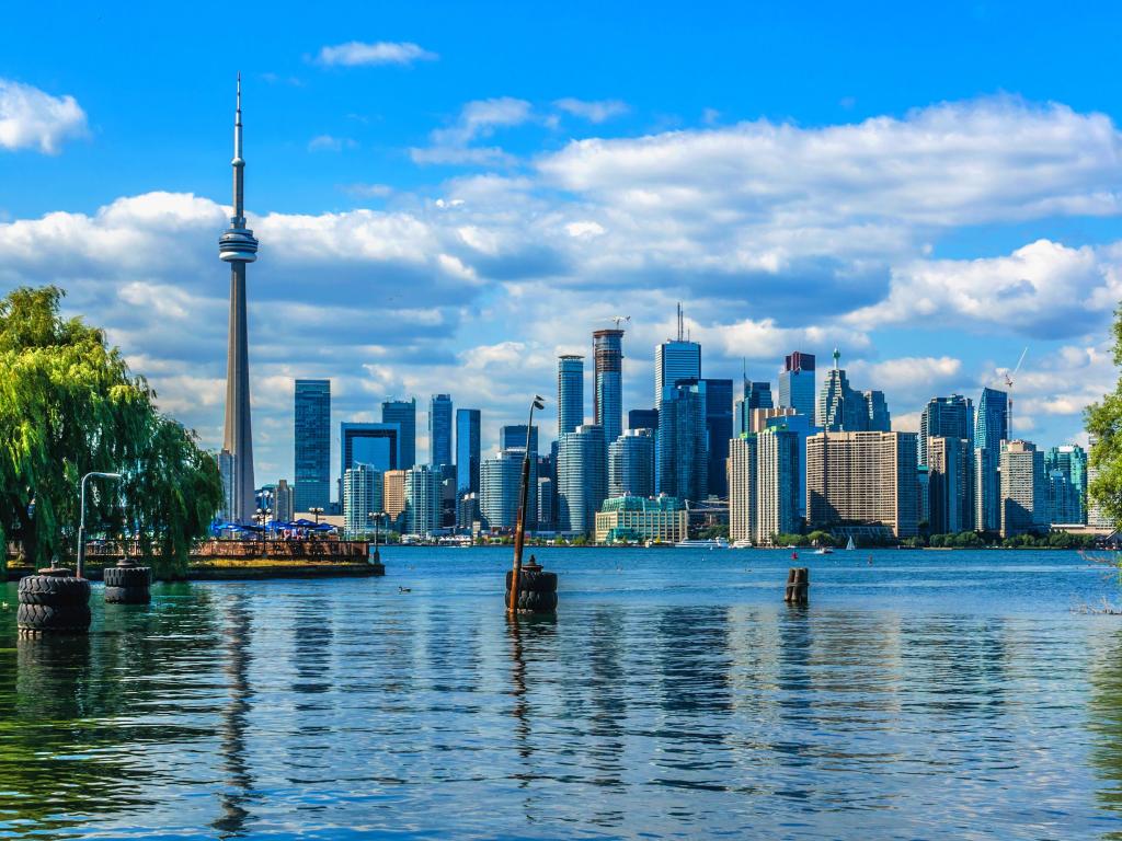 Lake with tall buildings in the background