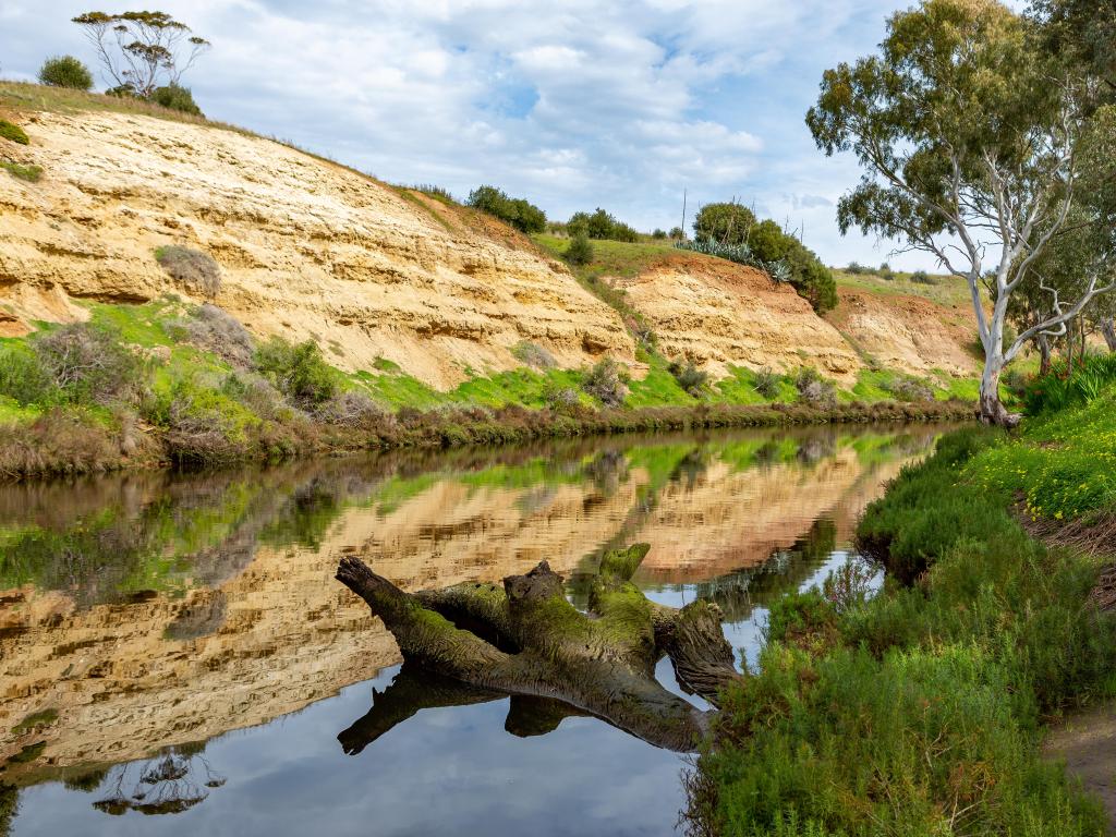 Onkaparinga River National Park, Australia on a sunny day with reflections of trees and cliffs in the river.